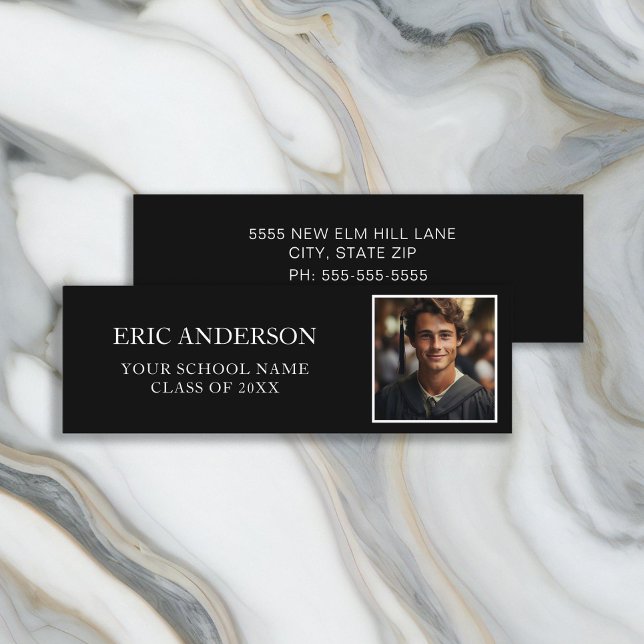 Black White Photo Class från 2024 Student Mini Visitkort (Black and white mini business card with photo for the high school or college graduate)