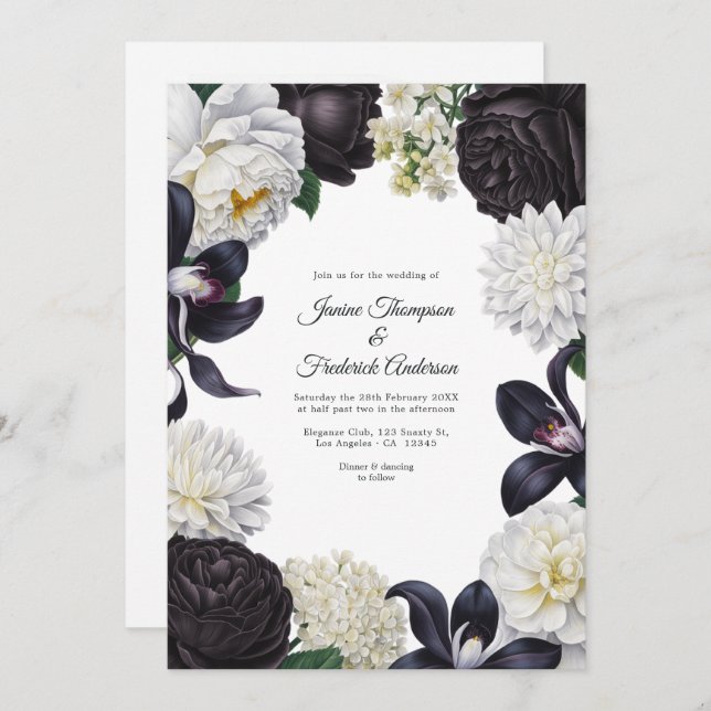 Black & White Photo/QR Code Floral Wedding Inbjudningar (Fram/baksida)