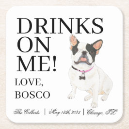 Black White Pied Frenchie Fransk Bulldog Bröllop Underlägg Papper Kvadrat