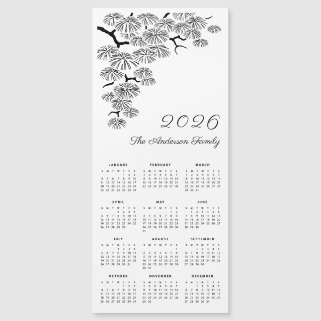 Black White Pine Branch Botanical Calendar 2026 (Framsida)