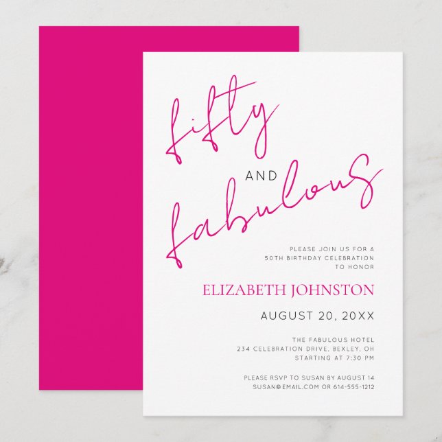 Black White Pink 50 and Fabulous Birthday Minimal Inbjudningar (Fram/baksida)