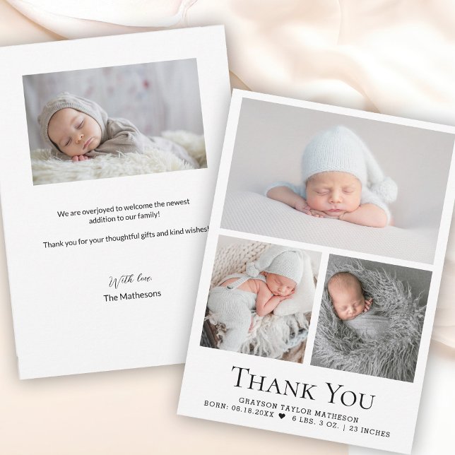 Black White Pojke Photo Grid Birth Stat Tack Kort (Cute baby newborn photos thank you and birth announcement cards.)
