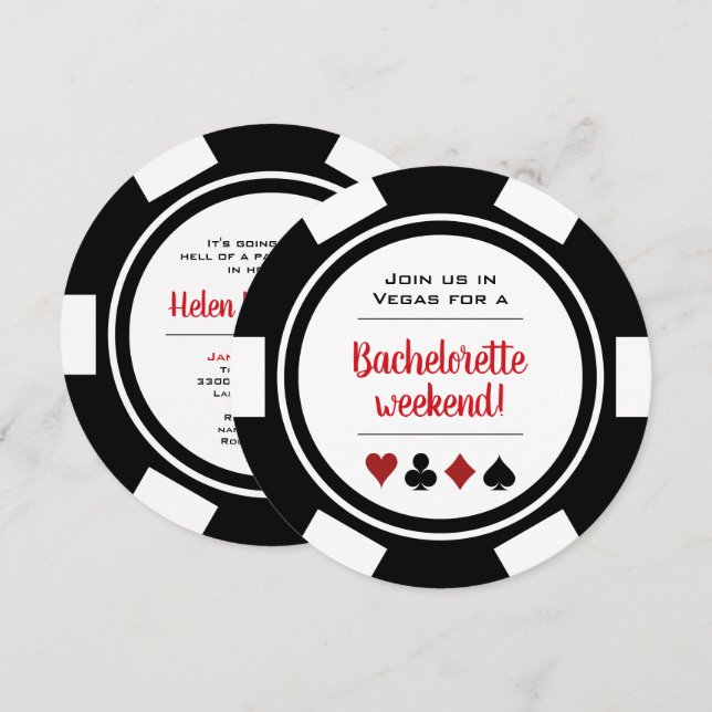 Black White Poker Chip Casino Bachelorette Party Inbjudningar (Fram/baksida)