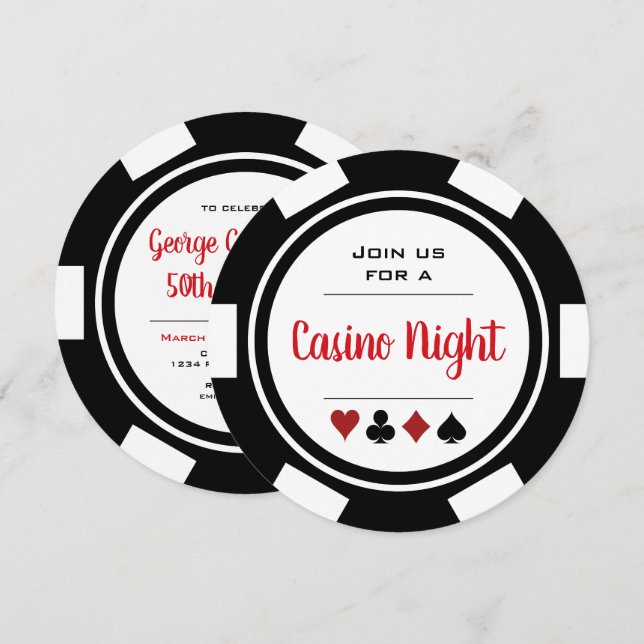 Black White Poker Chip Casino Night Birthday Inbjudningar (Fram/baksida)