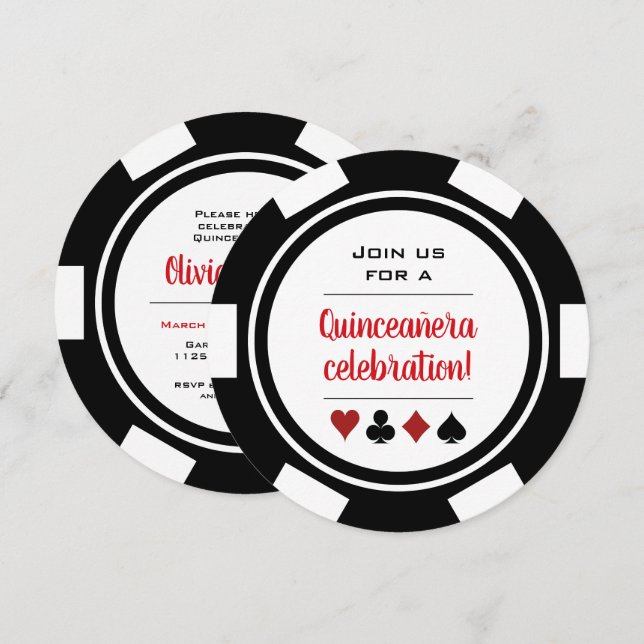 Black White Poker Chip Las Vegas Stil Quinceañera Inbjudningar (Fram/baksida)