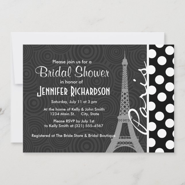 Black & White Polka Dot, Dot, Paris Inbjudningar (Framsida)