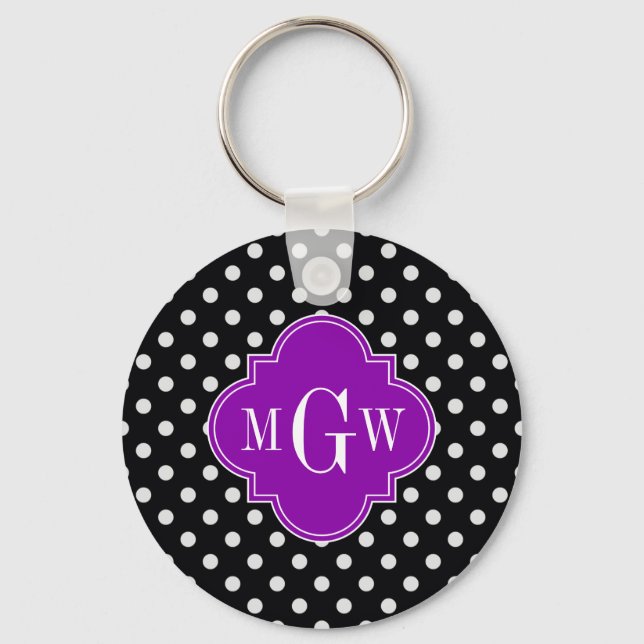 Black White Polka Dot Lila Quatrefoil 3 Monogram Nyckelring (Framsida)