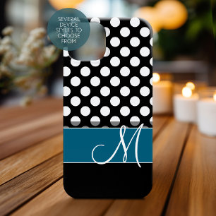 Black White Polka Dot Mönster Blue Monogram