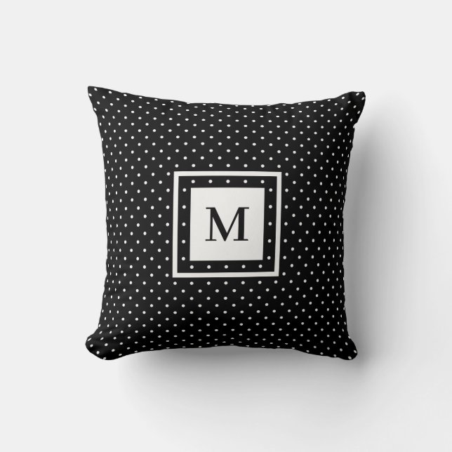 Black White Polka Dot Mönster med Modern Monogram Kudde (Framsida)