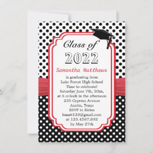 Black White Polka Dot Mortar Red Ribbon Studenten Inbjudningar