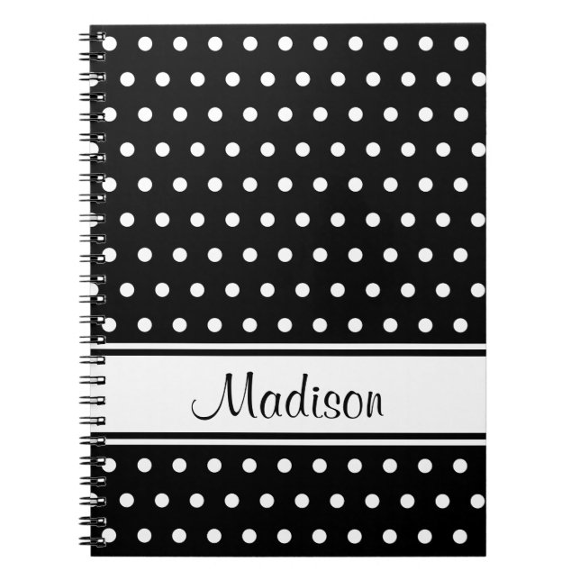 Black White Polka Dot Rand skript Namn Anteckningsbok (Framsidan)