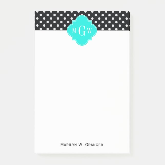 Black White Polka dots Aqua Quatrefoil 3 Monogram Post-it Block (Framsida)