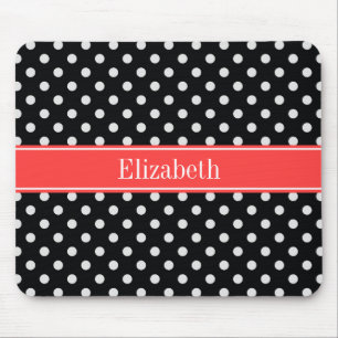 Black White Polka dots Coral Red Namn Monogram Musmatta