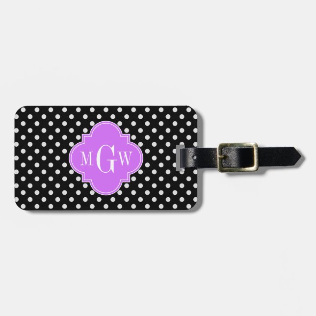 Black White Polka dots Lilac Quatrefoil 3 Monogram Bagagebricka (Horisontell Framsida)