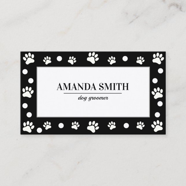 Black & White Polka Dots Paw Prints Business Card Visitkort (Framsida)