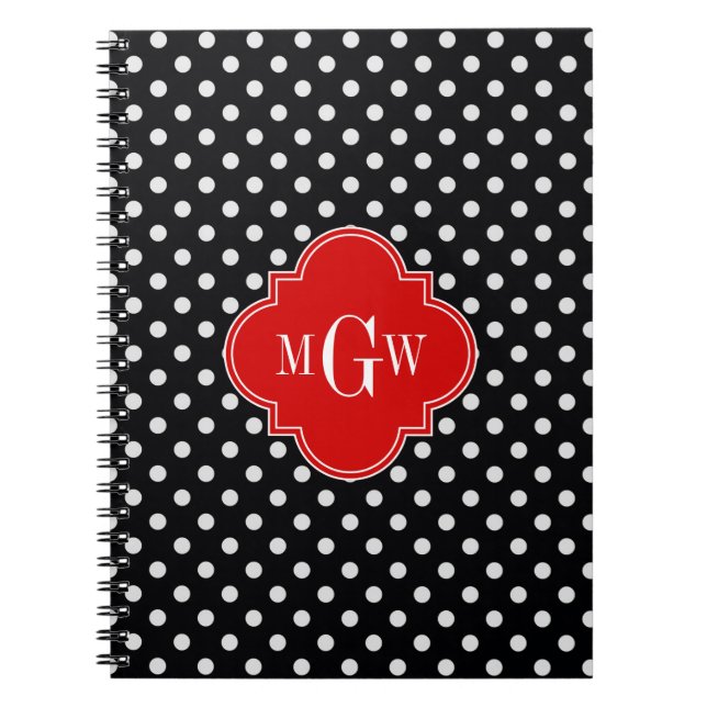 Black White Polka dots Red Quatrefoil 3 Monogram Anteckningsbok Med Spiral (Framsidan)