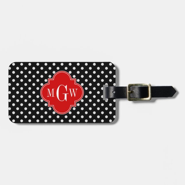 Black White Polka dots Red Quatrefoil 3 Monogram Bagagebricka (Horisontell Framsida)
