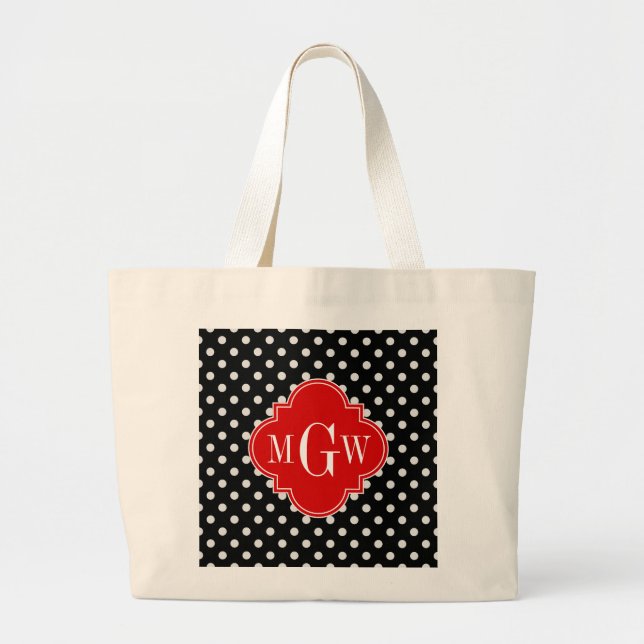 Black White Polka dots Red Quatrefoil 3 Monogram Jumbo Tygkasse (Framsidan)