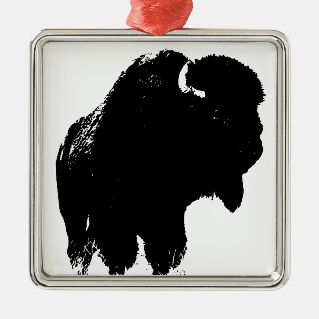 Black & White Pop Art Bison Buffalo Julgransprydnad Metall (Framsidan)