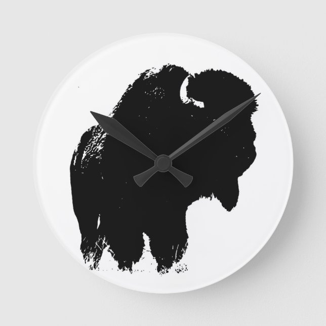Black & White Pop Art Bison Buffalo Rund Klocka (Framsida)