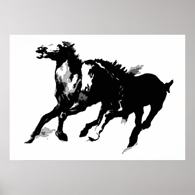 Black White Pop Art Running Horses Silhouettes Poster (Framsidan)