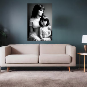 Black White porträtt Mor och dotter   AI Art Poster