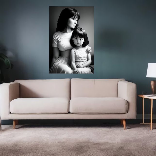 Black White porträtt Mor och dotter | AI Art Poster (Skapare uppladdad)