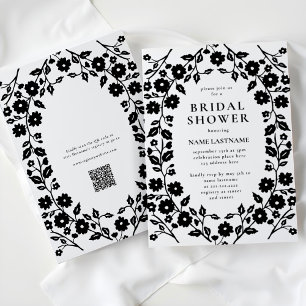 Black White QR Code Folk Blommigt Möhippa Inbjudningar