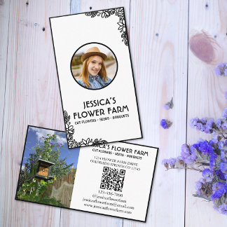 Black & White QR Code Professional 2 Photo Floral Visitkort