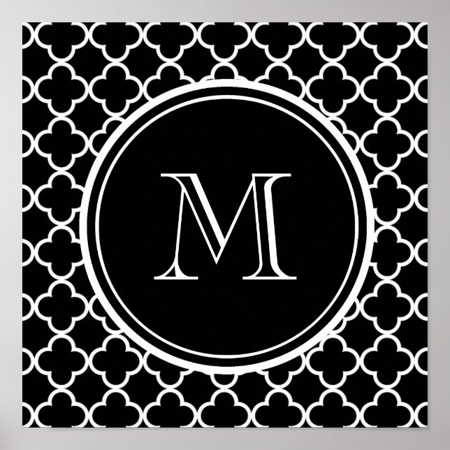 Black White Quatrefoil Mönster, ditt Monogram Poster (Framsidan)