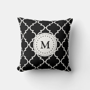 Black White Quatrefoil Mönster Monogrammed Pillow Kudde