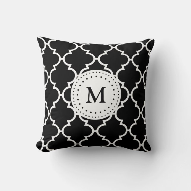 Black White Quatrefoil Mönster Monogrammed Pillow Kudde (Framsida)