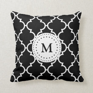 Black White Quatrefoil Mönster Monogrammed Pillow Kudde