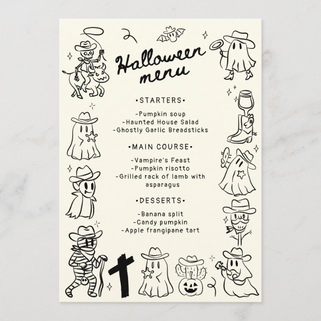 Black & White Quirky Hand plockade Halloween Meny (Framsida)