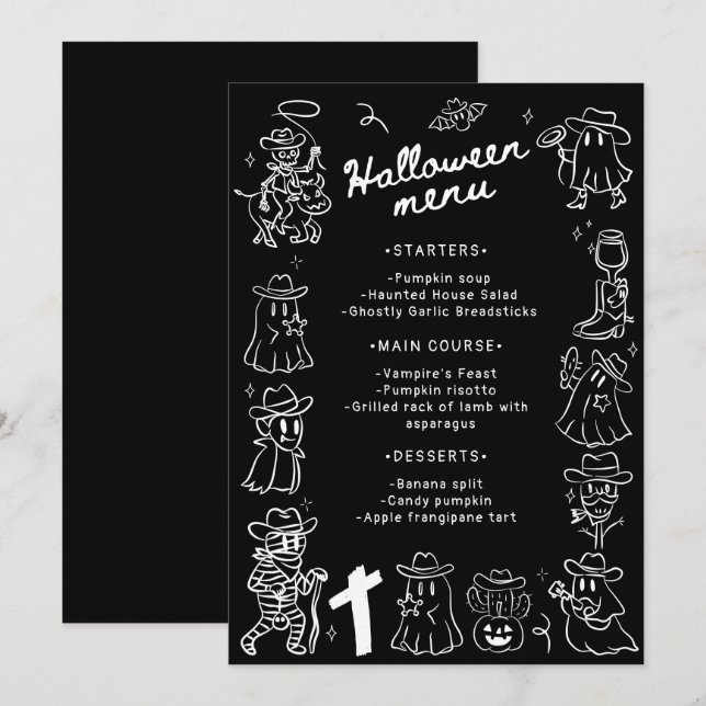 Black & White Quirky Hand plockade Halloween Meny (Fram/baksida)