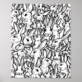 Black & White Rabbit Bunny Teckning Modern Mönster Poster