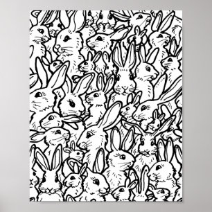 Black & White Rabbit Bunny Teckning Modern Mönster Poster