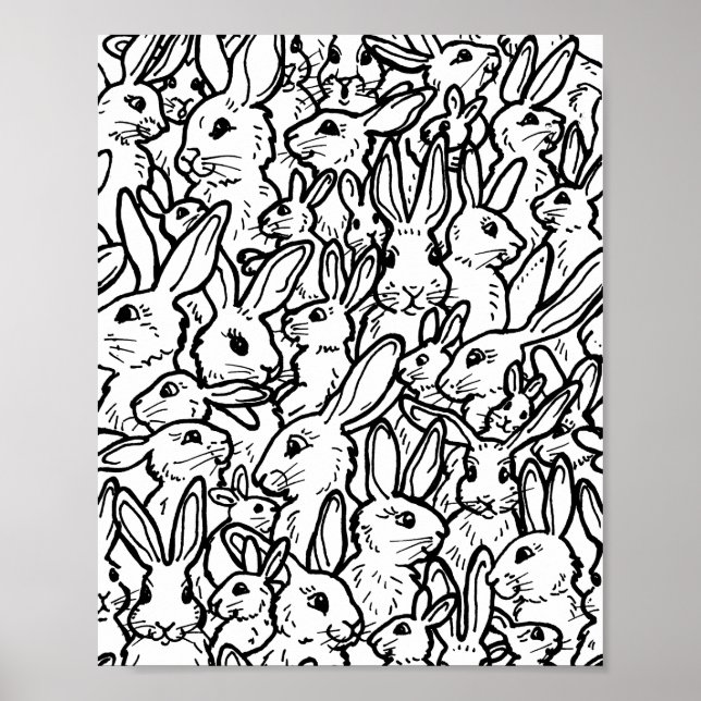 Black & White Rabbit Bunny Teckning Modern Mönster Poster (Framsidan)