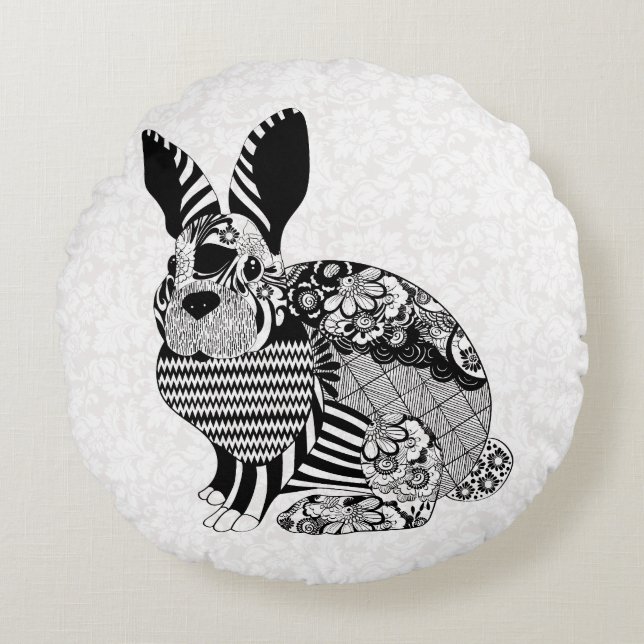 Black White Rabbit Rund Kudde (Framsidan)