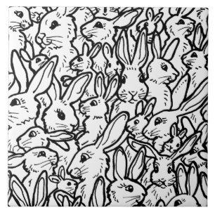 Black & White Rabbit Teckning Cute Bunny Mönster Kakelplatta
