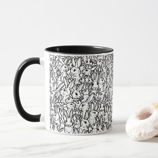 Black & White Rabbit Teckning Modern Bunny Mönster Mugg (Med munk)