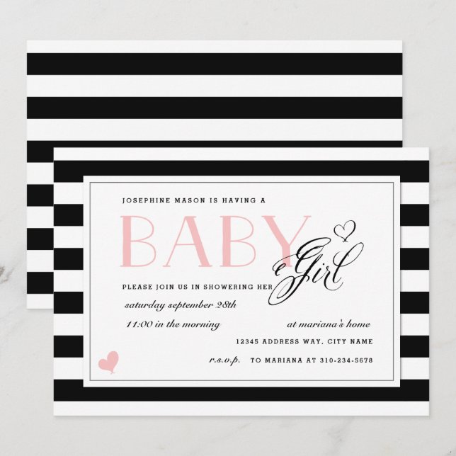 Black & White Rand Blek Rosa Girl Baby Shower Inbjudningar (Fram/baksida)
