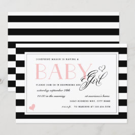 Black & White Rand Blek Rosa Girl Baby Shower Inbjudningar