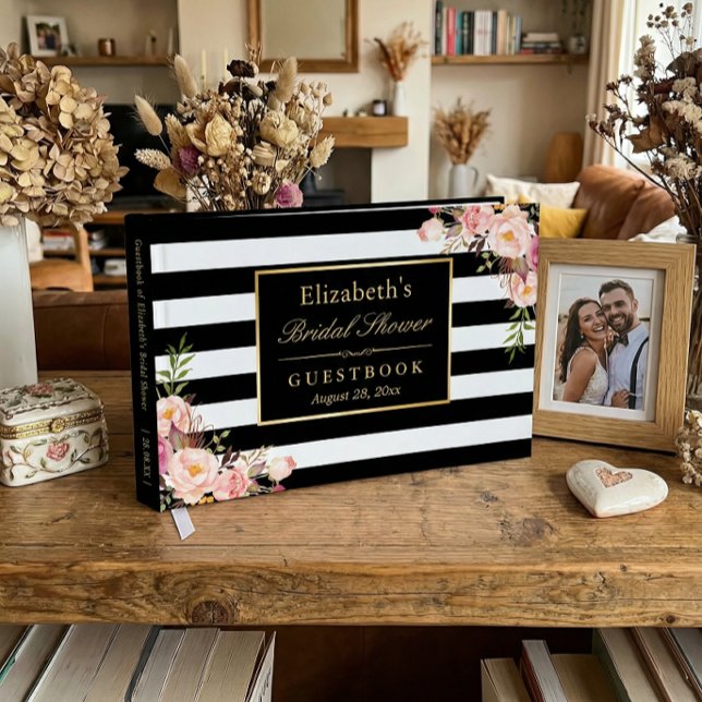 Black White Rand Blommigt Bröllop Möhippa Gästböcker (Skapare uppladdad)