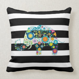 Black & White Rand & Blommigt Elephant Kudde