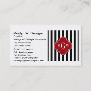Black White Rand Cranberry Quatrefoil 3 Monogram Visitkort