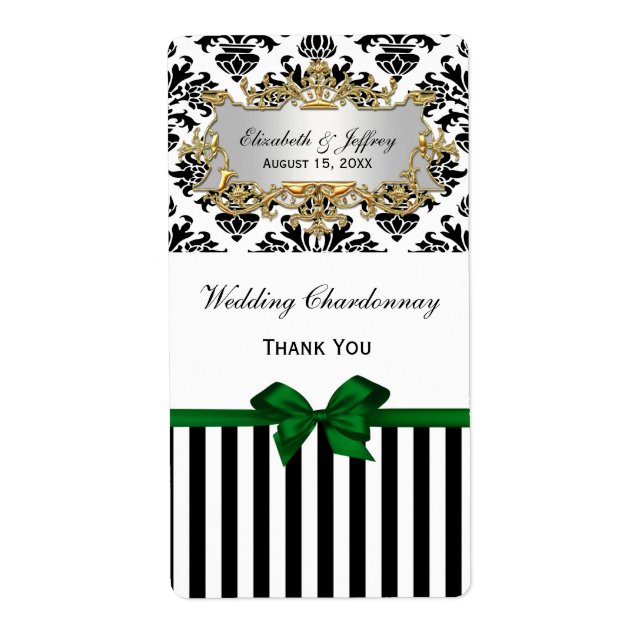 Black White Rand Damask Forest Grönt Vin-etikett Fraktsedel (Framsidan)
