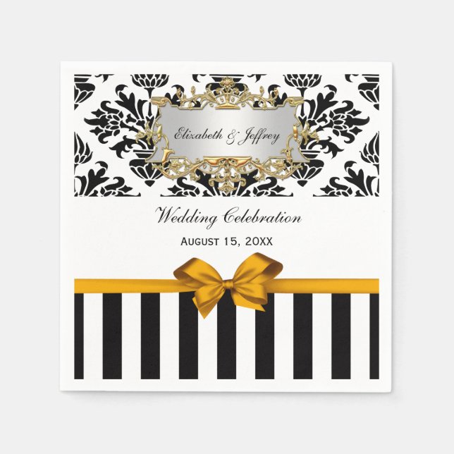 Black White Rand Damask Goldenrod Ribbon Pappersservett (Framsidan)