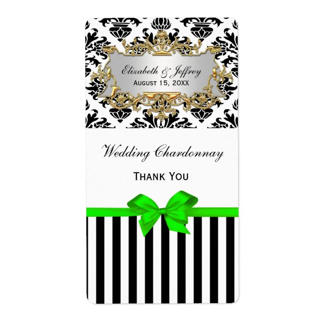 Black White Rand Damask Lime Party Vin etikett Fraktsedel (Framsidan)