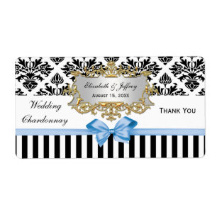 Black White Rand Damask Lt Blue Party Vin etikett Fraktsedel